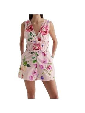 Express Romper Size Small Floral V Neck Sleeveless Ruffle Waist Pink Boho NEW